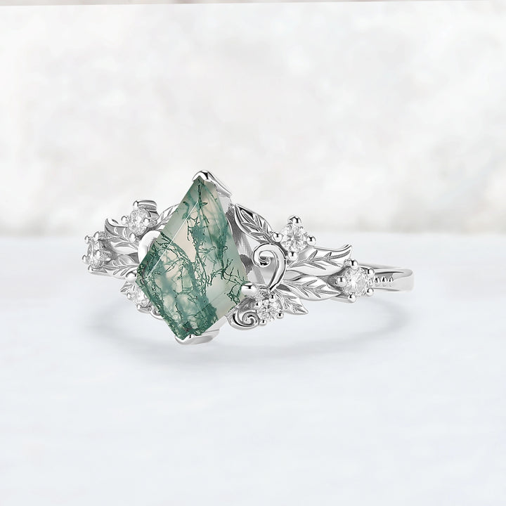 Nature Inspired Kite Cut Moss Agate Leafy and Buds Gemstone Ring