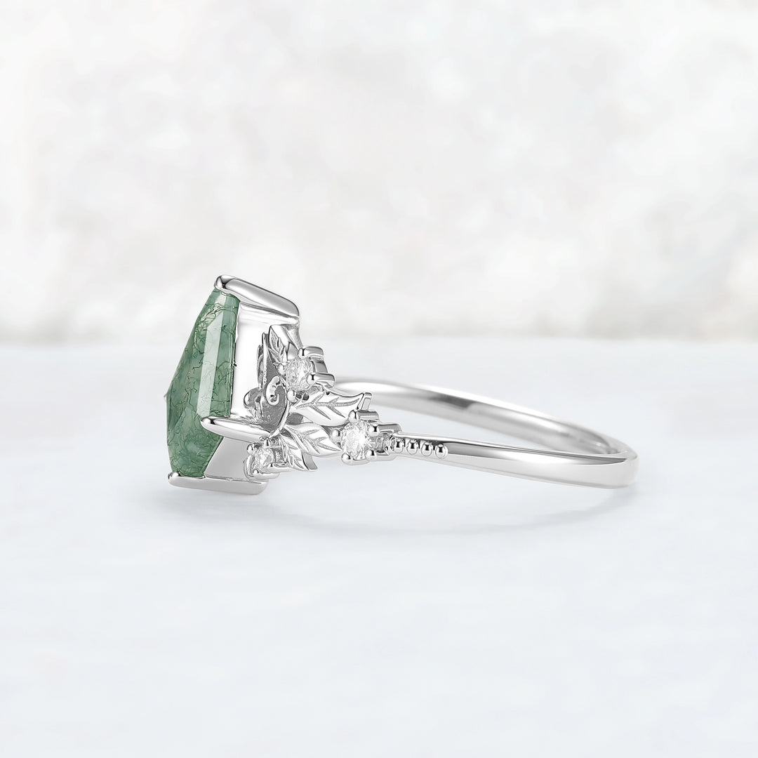Nature Inspired Kite Cut Moss Agate Leafy and Buds Gemstone Ring