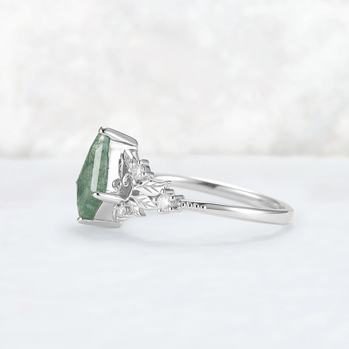 Nature Inspired Kite Cut Moss Agate Leafy and Buds Gemstone Ring