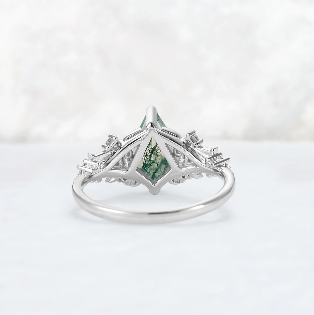 Nature Inspired Kite Cut Moss Agate Leafy and Buds Gemstone Ring