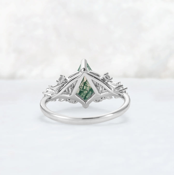 Nature Inspired Kite Cut Moss Agate Leafy and Buds Gemstone Ring