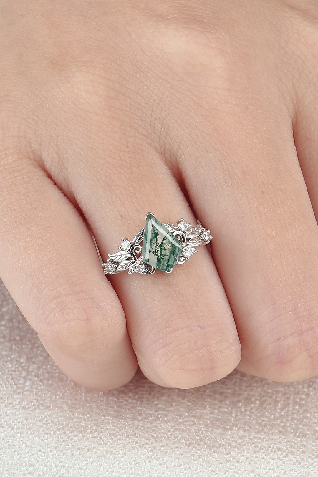 Nature Inspired Kite Cut Moss Agate Leafy and Buds Gemstone Ring