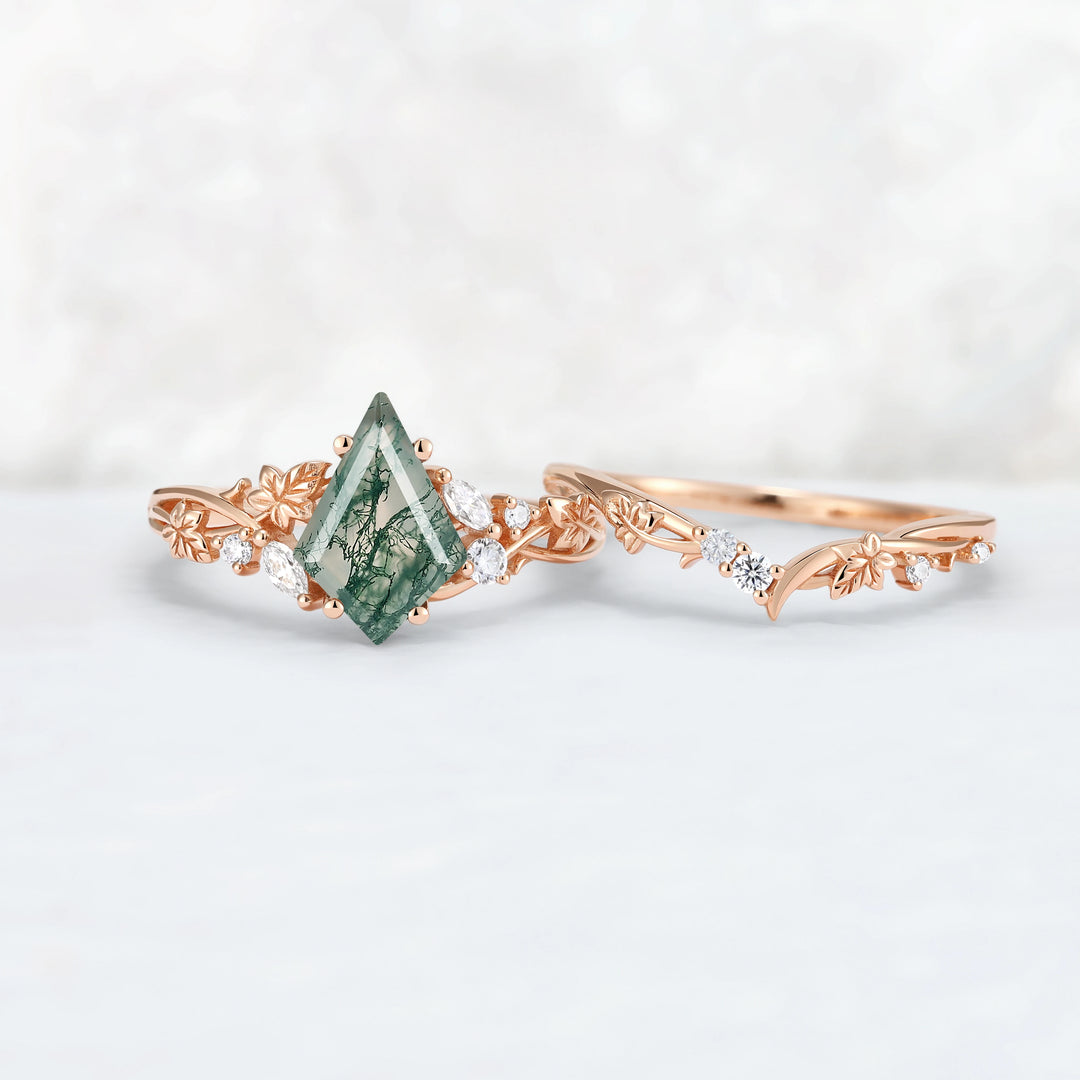 Nature Inspired Kite Cut Moss Agate Lvy Leafy Gemstone Rings Set 2pcs