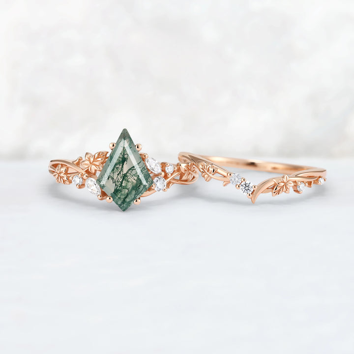 Nature Inspired Kite Cut Moss Agate Lvy Leafy Gemstone Rings Set 2pcs