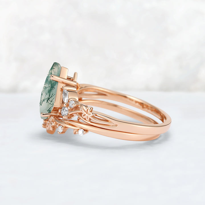 Nature Inspired Kite Cut Moss Agate Lvy Leafy Gemstone Rings Set 2pcs