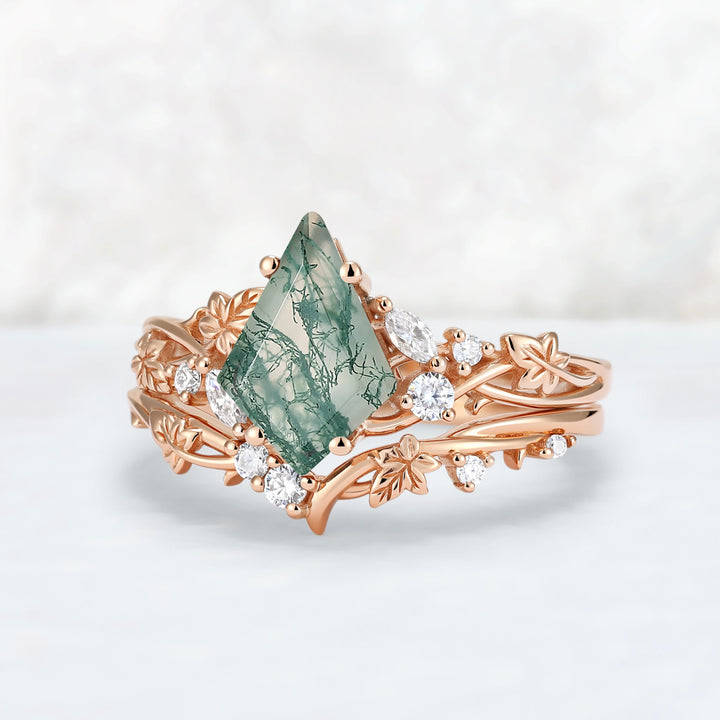 Nature Inspired Kite Cut Moss Agate Lvy Leafy Gemstone Rings Set 2pcs