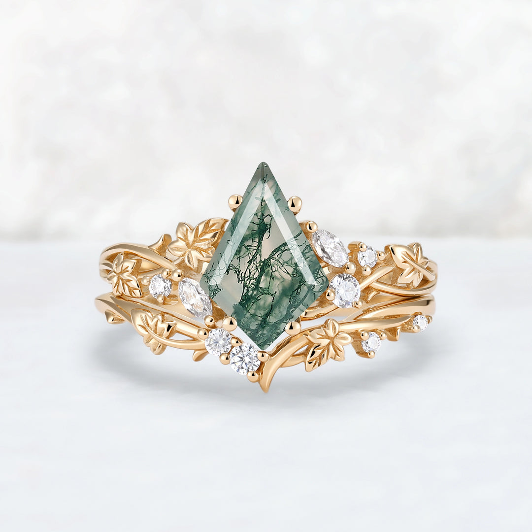 Nature Inspired Kite Cut Moss Agate Lvy Leafy Gemstone Rings Set 2pcs