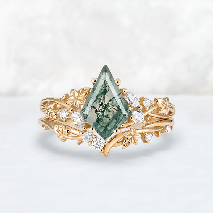 Nature Inspired Kite Cut Moss Agate Lvy Leafy Gemstone Rings Set 2pcs