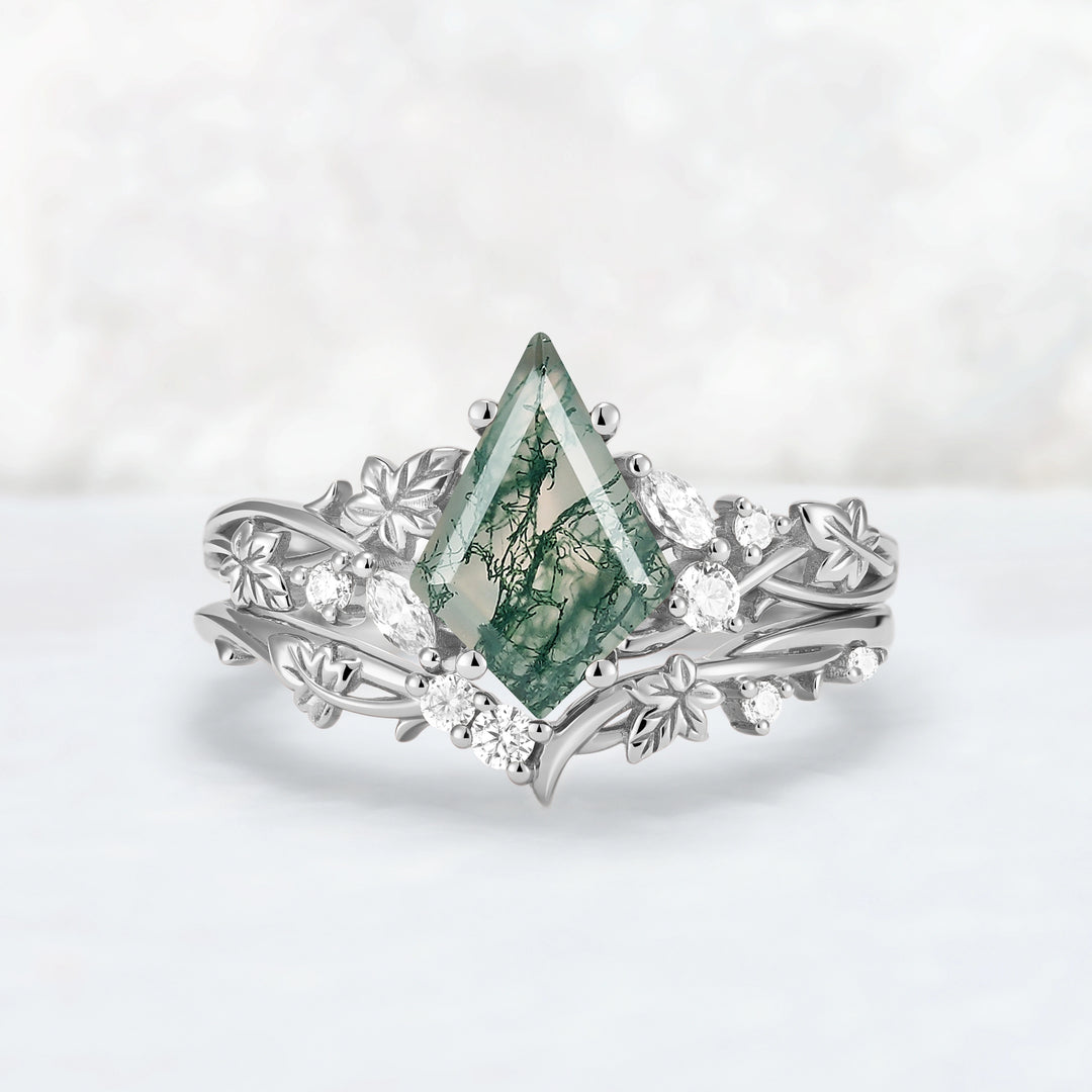 Nature Inspired Kite Cut Moss Agate Lvy Leafy Gemstone Rings Set 2pcs