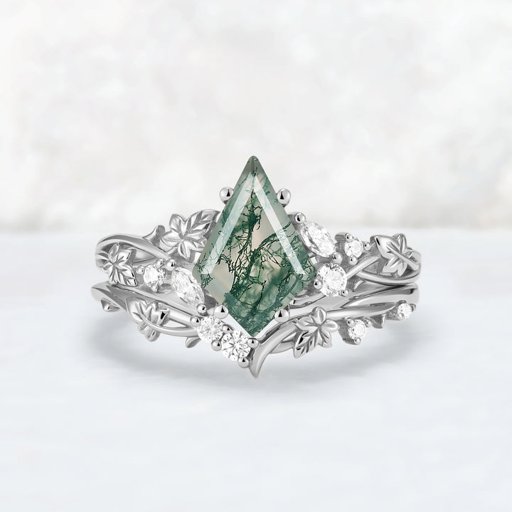 Nature Inspired Kite Cut Moss Agate Lvy Leafy Gemstone Rings Set 2pcs