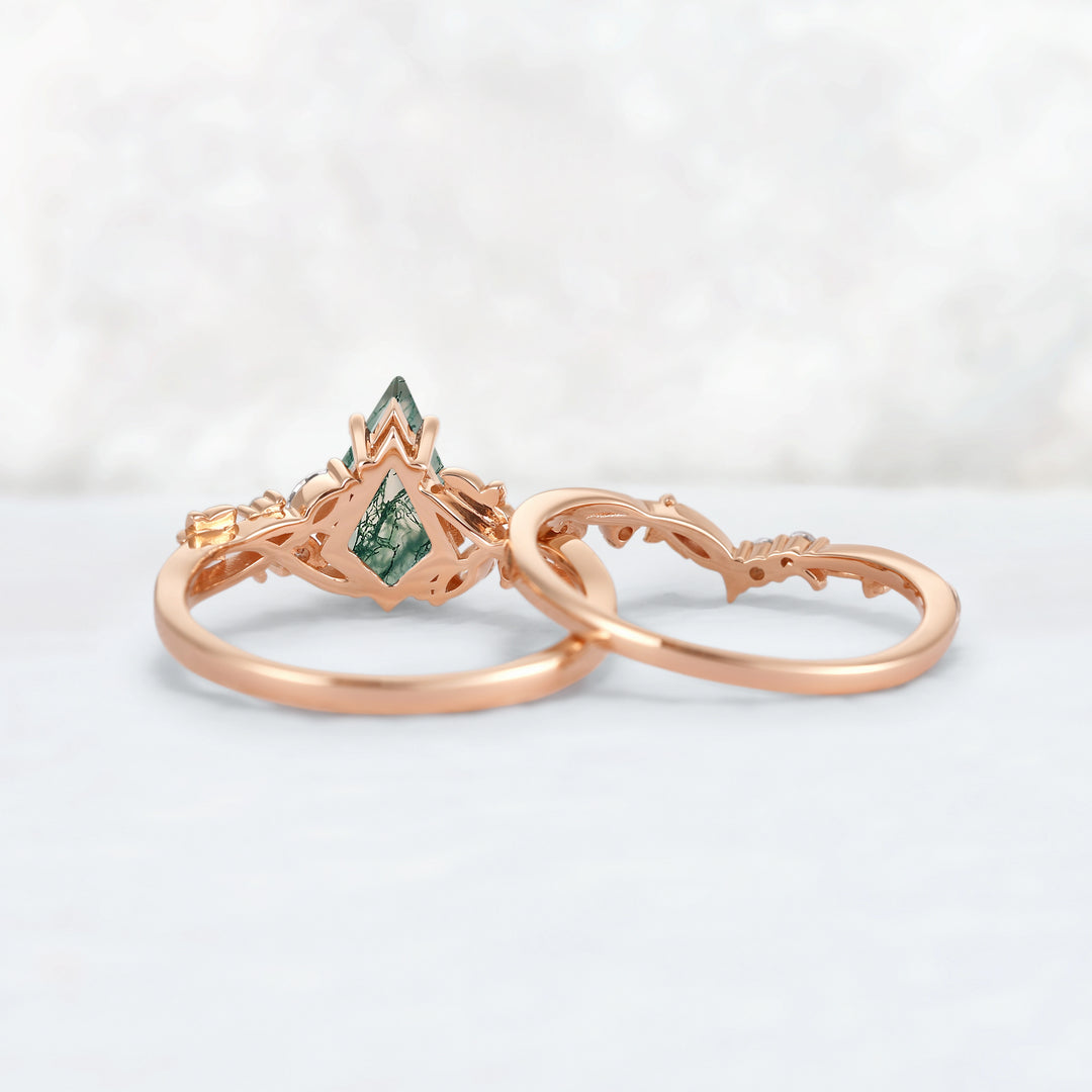 Nature Inspired Kite Cut Moss Agate Lvy Leafy Gemstone Rings Set 2pcs