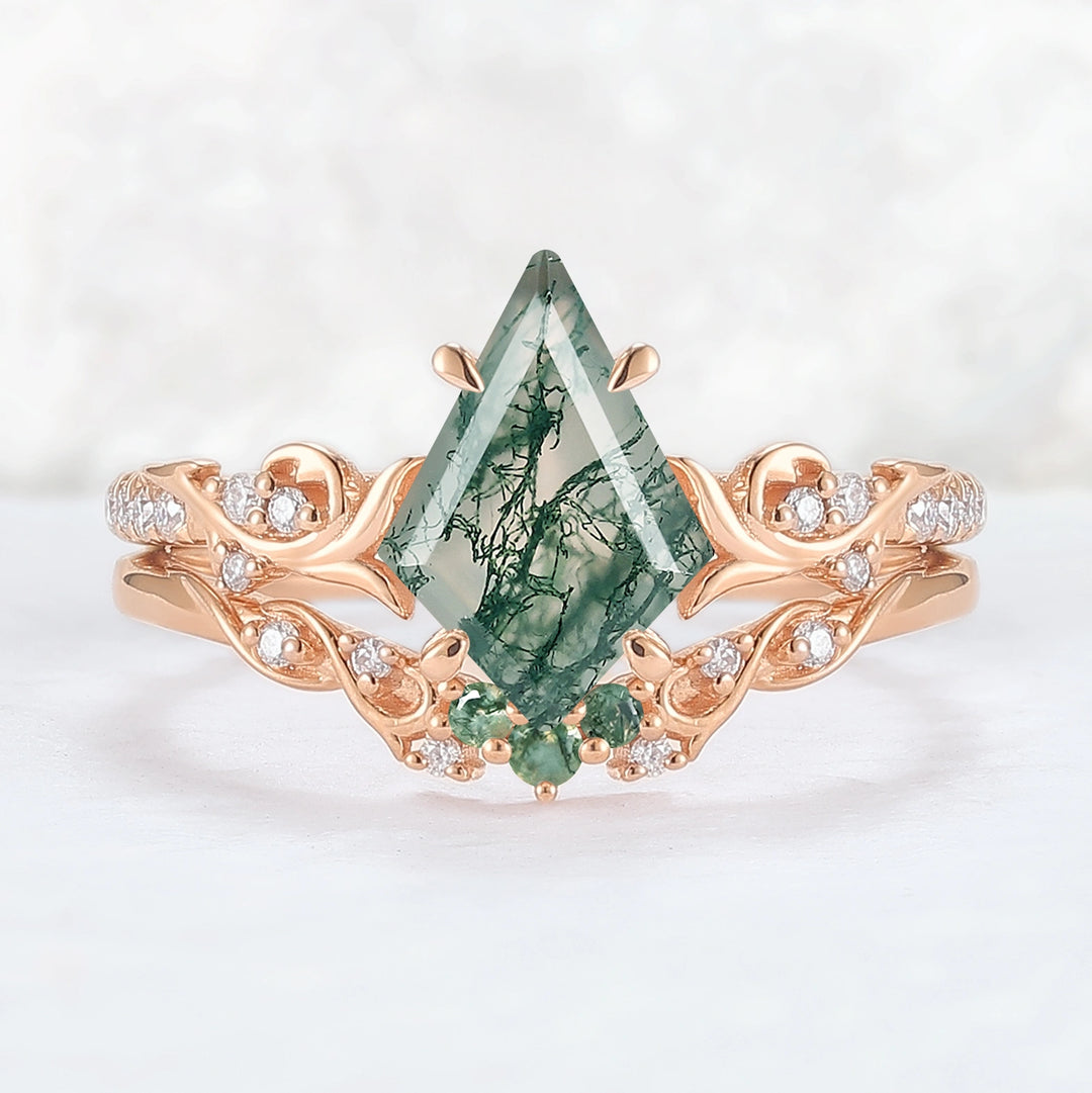 Nature Inspired Kite Cut Moss Agate Vine Gemstone Ring Set 2pcs