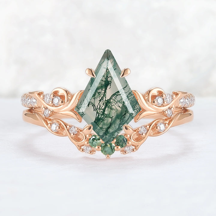 Nature Inspired Kite Cut Moss Agate Vine Gemstone Ring Set 2pcs