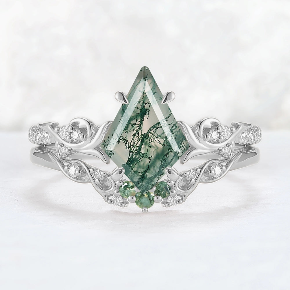 Nature Inspired Kite Cut Moss Agate Vine Gemstone Ring Set 2pcs