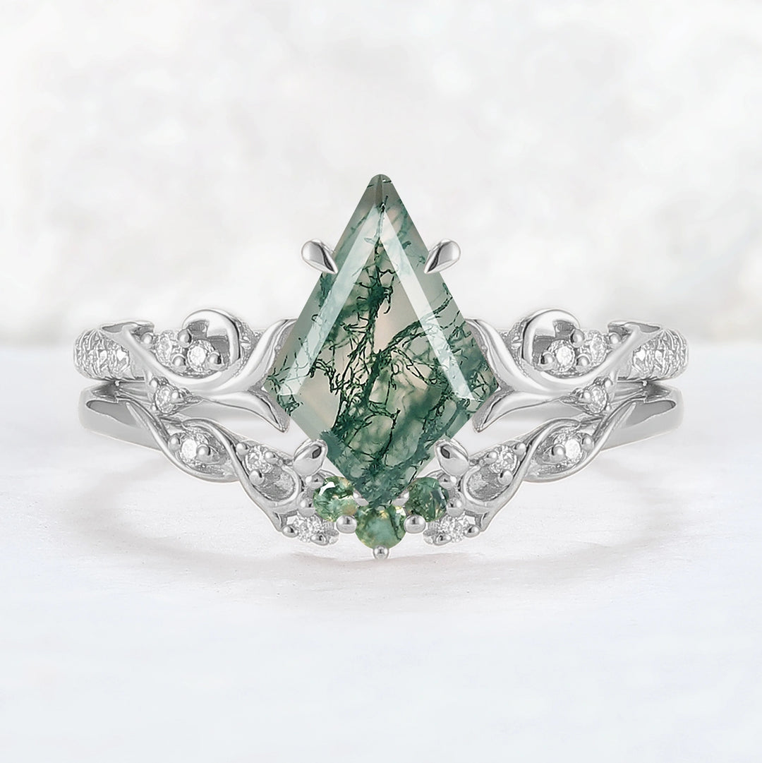 Nature Inspired Kite Cut Moss Agate Vine Gemstone Ring Set 2pcs