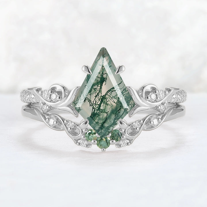 Nature Inspired Kite Cut Moss Agate Vine Gemstone Ring Set 2pcs