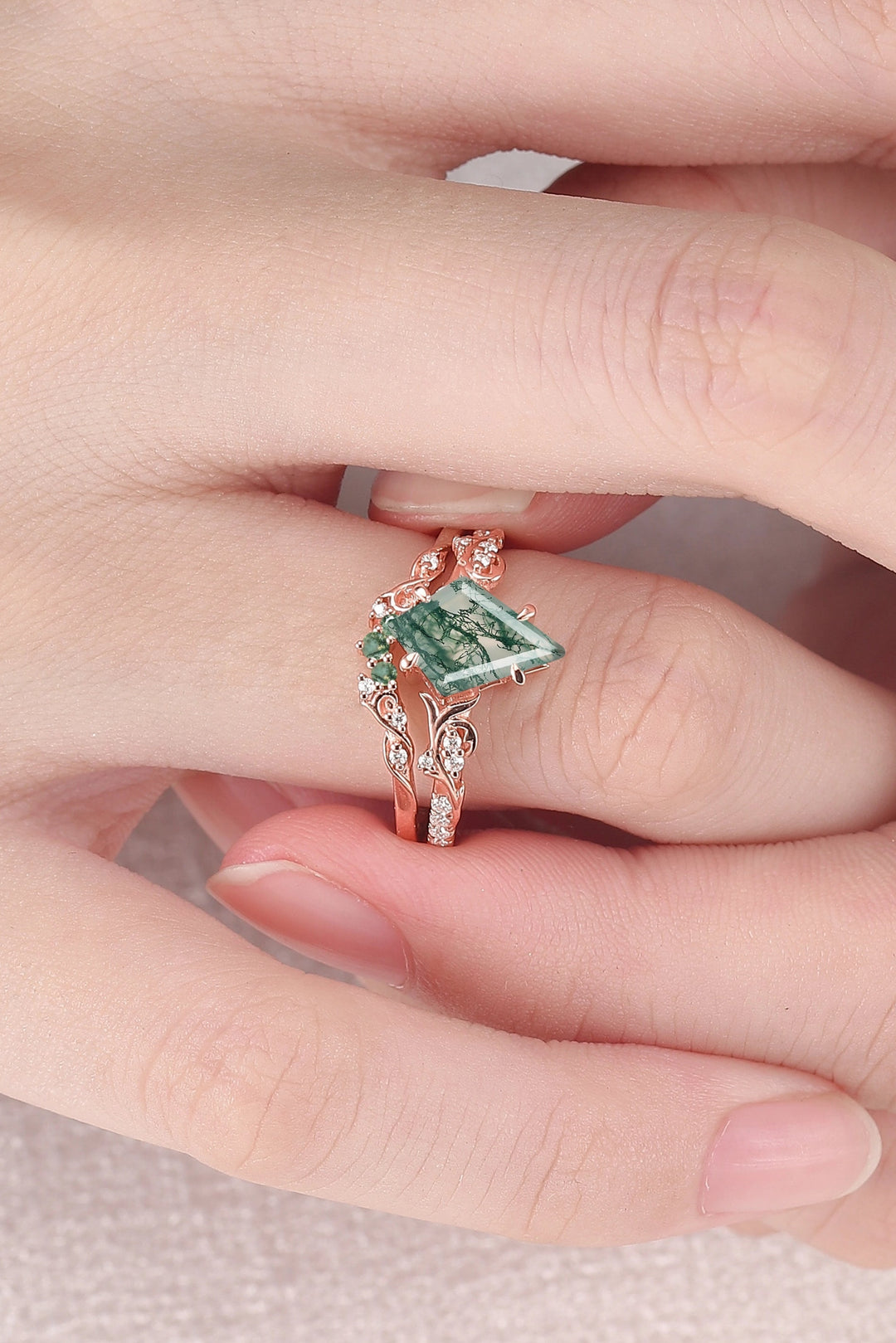 Nature Inspired Kite Cut Moss Agate Vine Gemstone Ring Set 2pcs