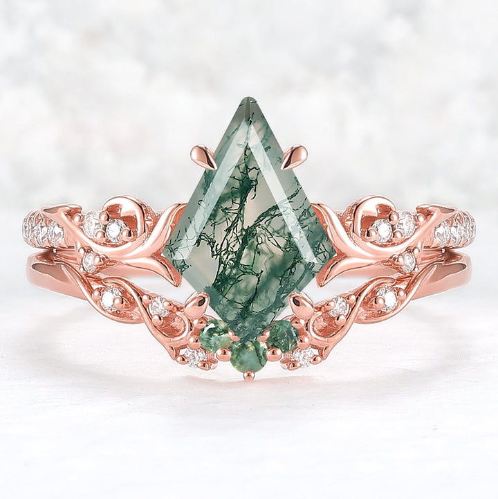 Nature Inspired Kite Cut Moss Agate Vine Gemstone Ring Set 2pcs