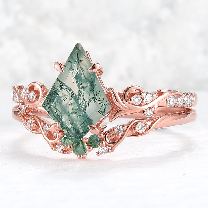 Nature Inspired Kite Cut Moss Agate Vine Gemstone Ring Set 2pcs