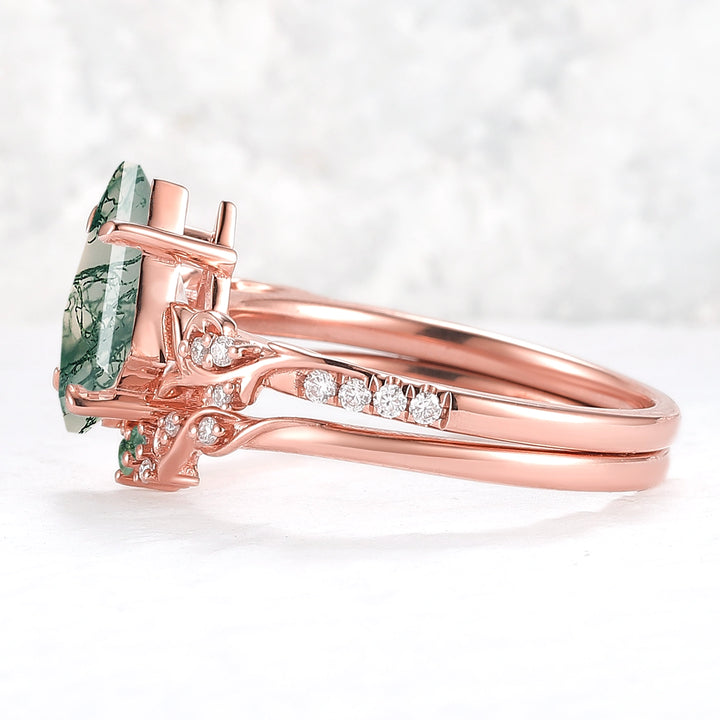Nature Inspired Kite Cut Moss Agate Vine Gemstone Ring Set 2pcs