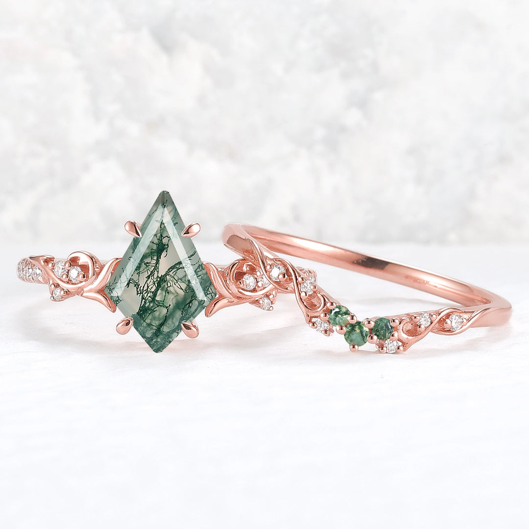 Nature Inspired Kite Cut Moss Agate Vine Gemstone Ring Set 2pcs
