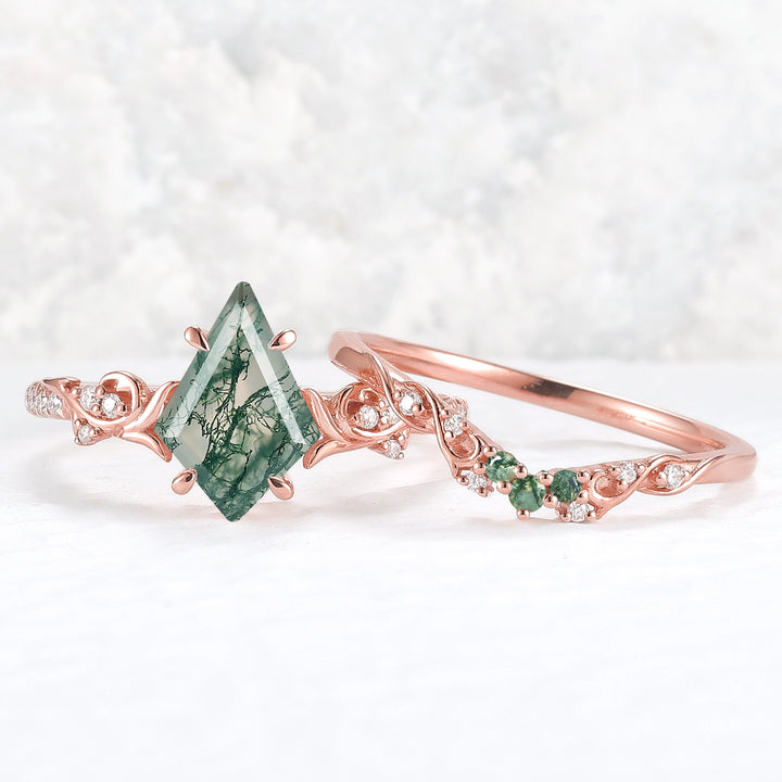Nature Inspired Kite Cut Moss Agate Vine Gemstone Ring Set 2pcs