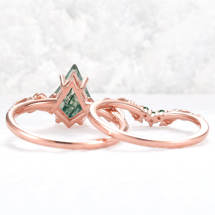 Nature Inspired Kite Cut Moss Agate Vine Gemstone Ring Set 2pcs