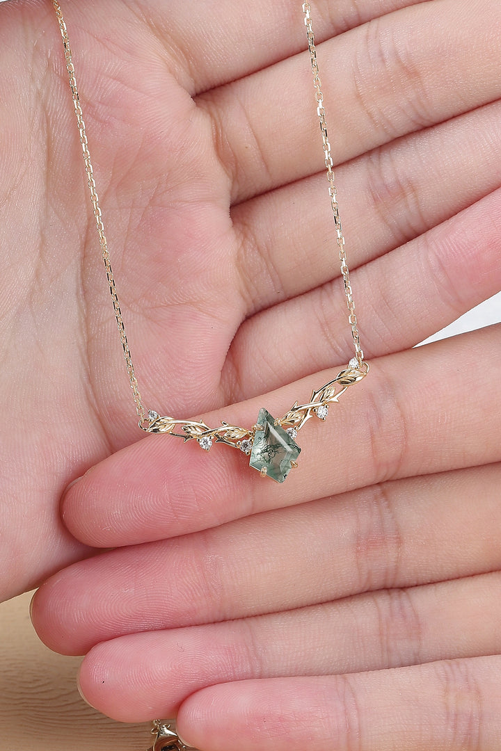 Nature Inspired Kite Shaped Moss Agate Rose Gold Necklace