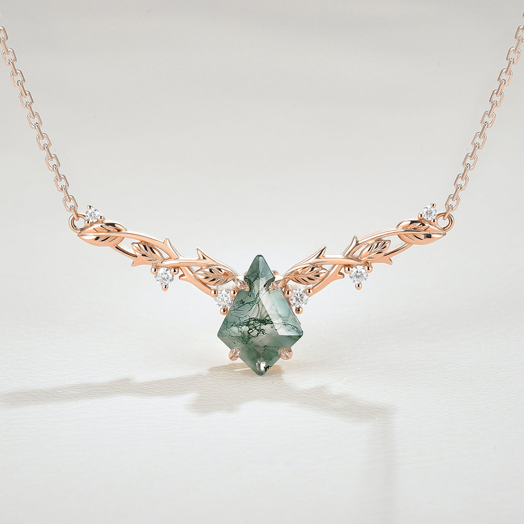 Nature Inspired Kite Shaped Moss Agate Rose Gold Necklace