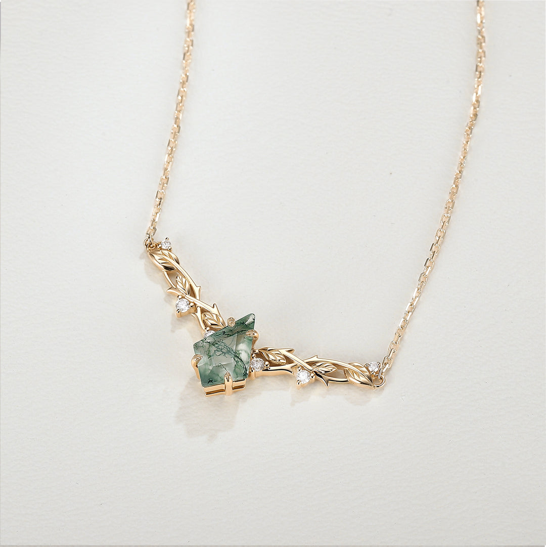Nature Inspired Kite Shaped Moss Agate Rose Gold Necklace