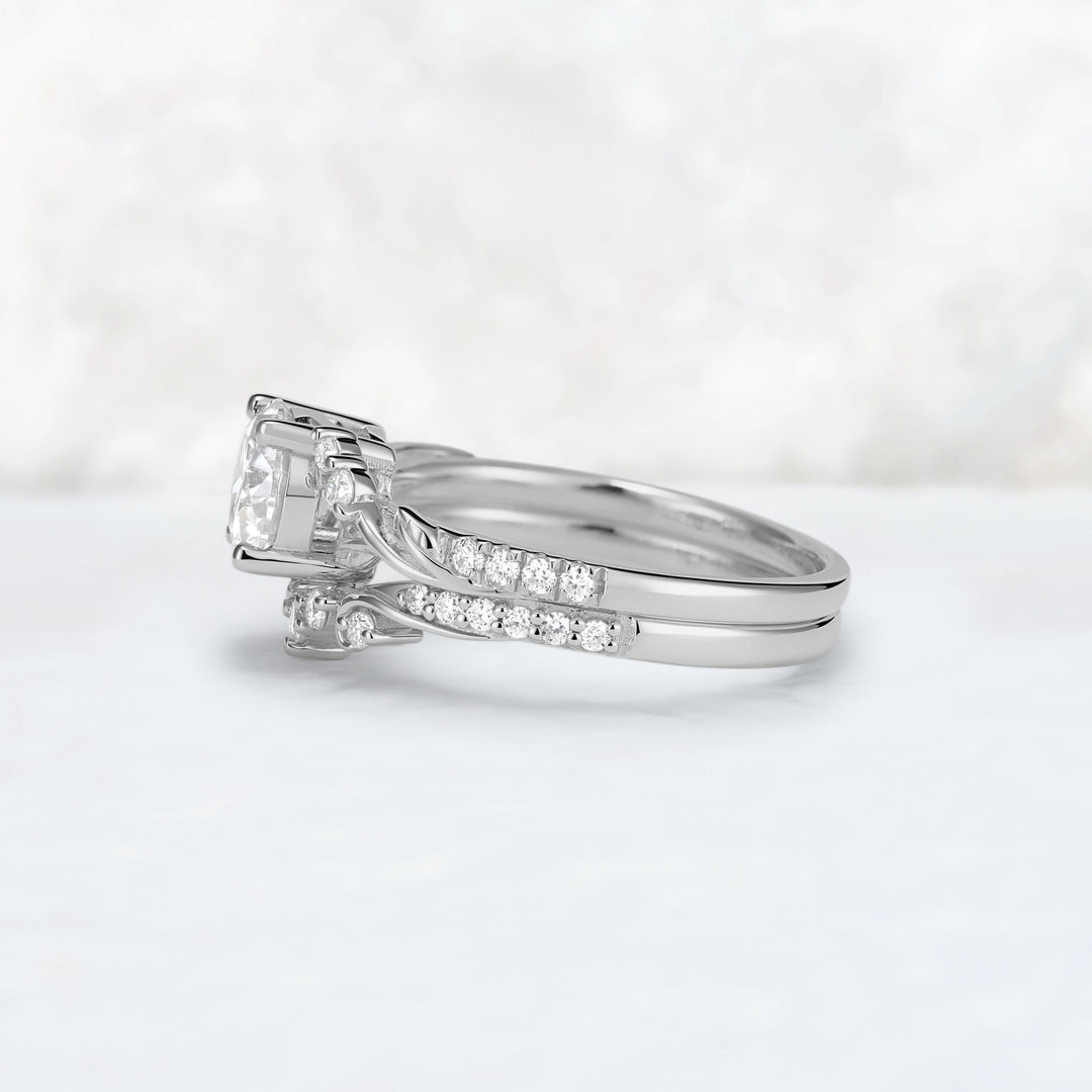 Nature Inspired Lab Diamonds Leafy Engagement Ring Set 2pcs