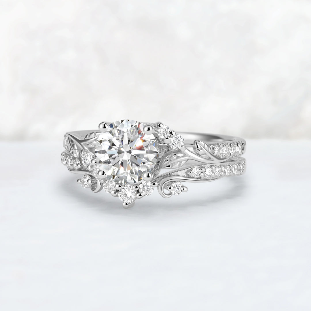 Nature Inspired Lab Diamonds Leafy Engagement Ring Set 2pcs