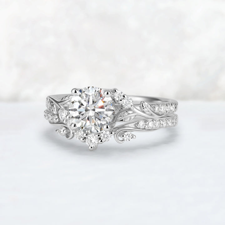 Nature Inspired Lab Diamonds Leafy Engagement Ring Set 2pcs