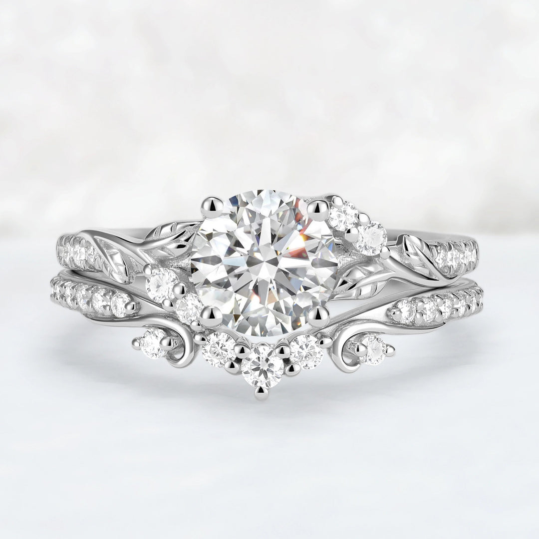 Nature Inspired Lab Diamonds Leafy Engagement Ring Set 2pcs