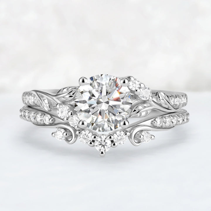 Nature Inspired Lab Diamonds Leafy Engagement Ring Set 2pcs