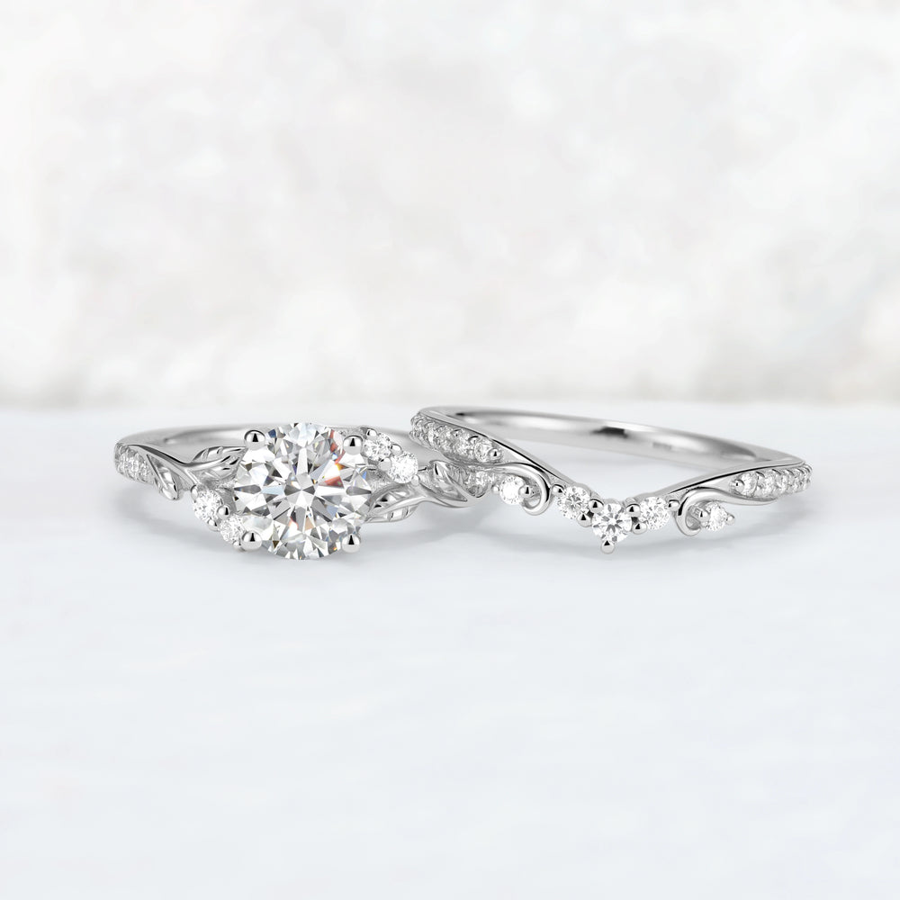 Nature Inspired Lab Diamonds Leafy Engagement Ring Set 2pcs