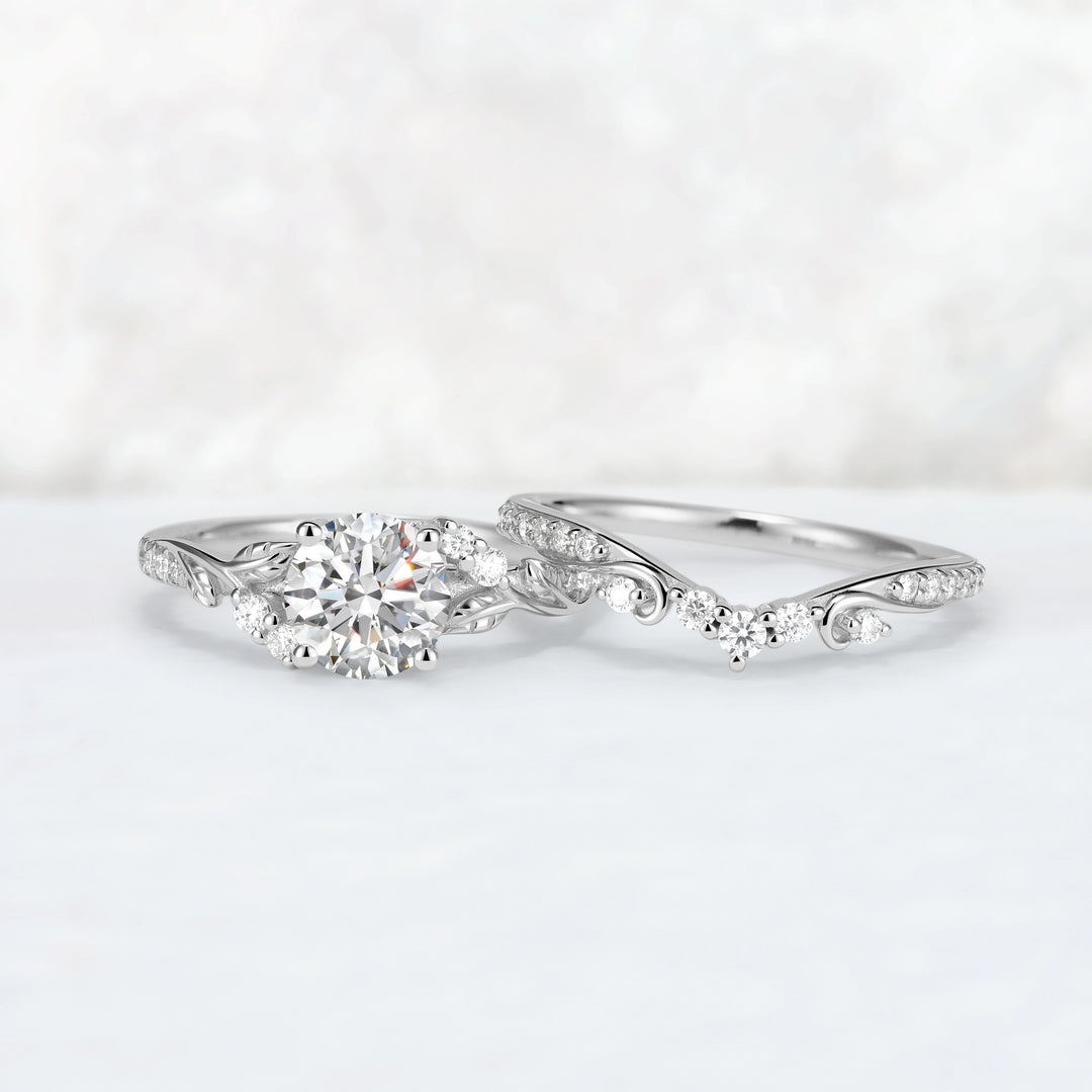 Nature Inspired Lab Diamonds Leafy Engagement Ring Set 2pcs