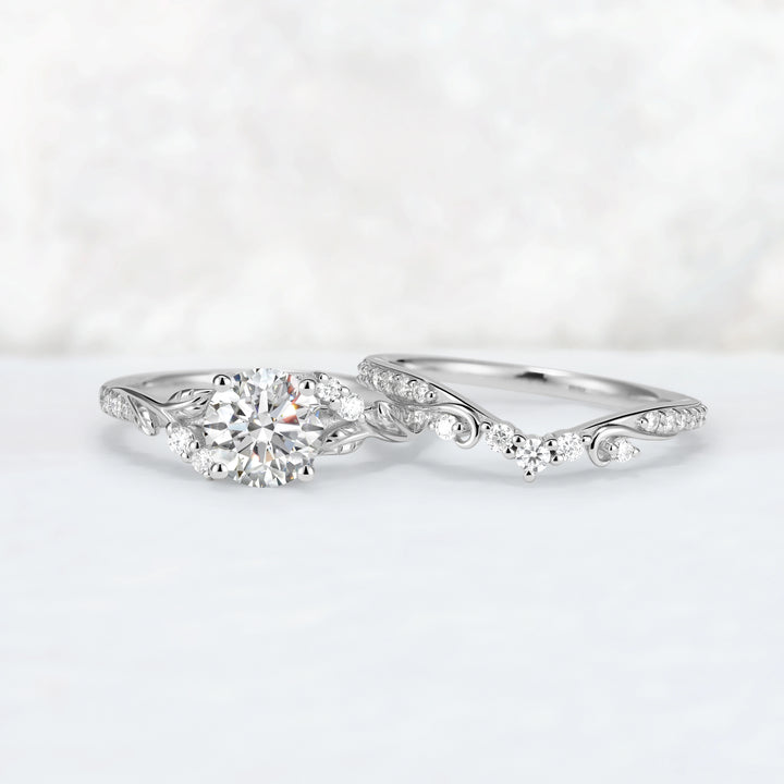 Nature Inspired Lab Diamonds Leafy Engagement Ring Set 2pcs