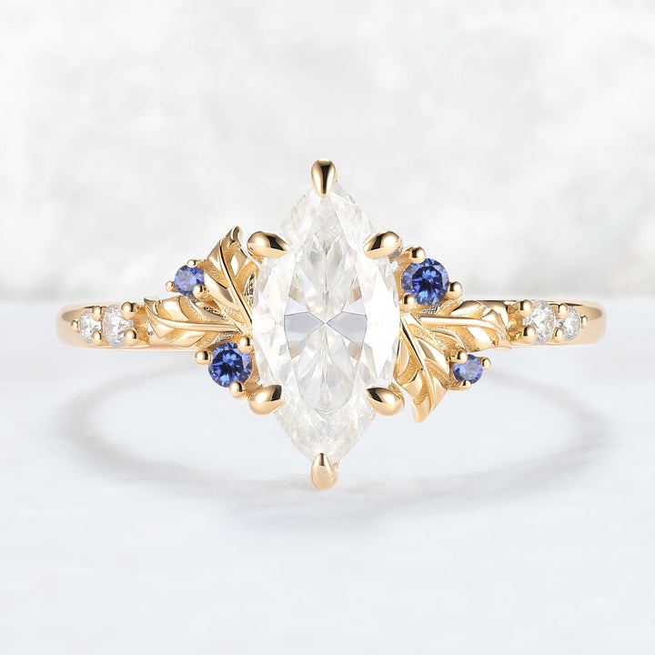 Nature Inspired Leaf Claw Inlay Marquise Cut Moissanite Gemstone Ring