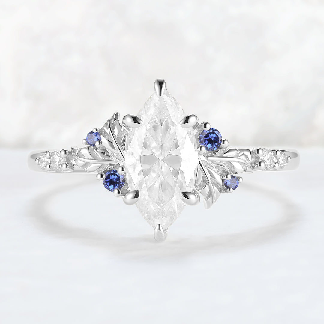 Nature Inspired Leaf Claw Inlay Marquise Cut Moissanite Gemstone Ring