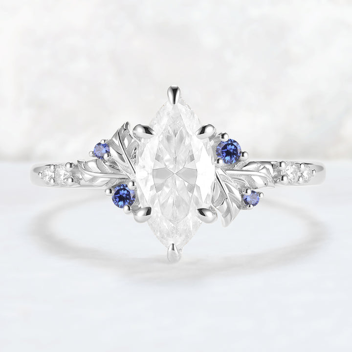 Nature Inspired Leaf Claw Inlay Marquise Cut Moissanite Gemstone Ring