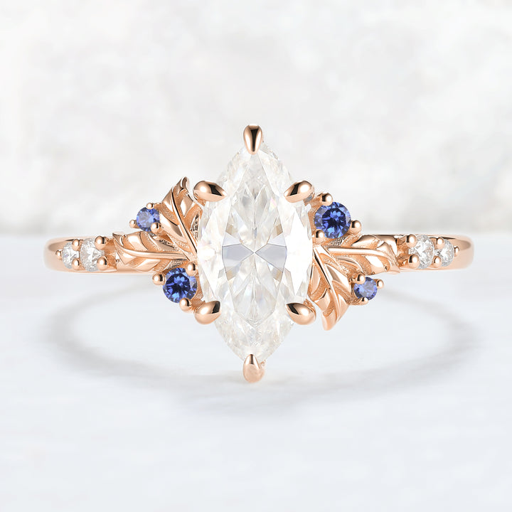 Nature Inspired Leaf Claw Inlay Marquise Cut Moissanite Gemstone Ring