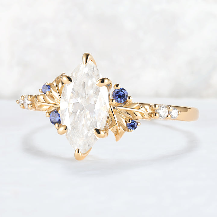 Nature Inspired Leaf Claw Inlay Marquise Cut Moissanite Gemstone Ring