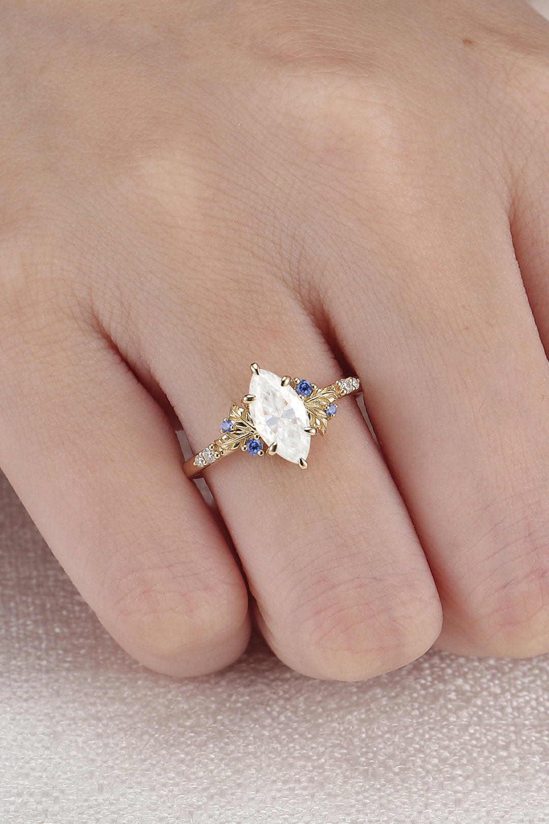 Nature Inspired Leaf Claw Inlay Marquise Cut Moissanite Gemstone Ring