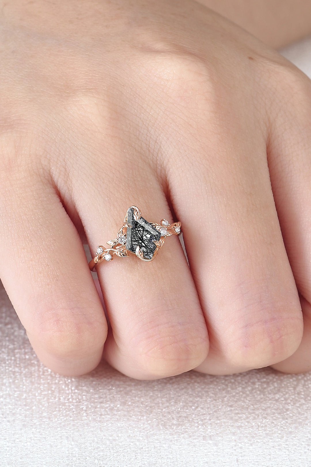 Nature Inspired Leaf Intertwined Design Black Rutilated Quartz Ring