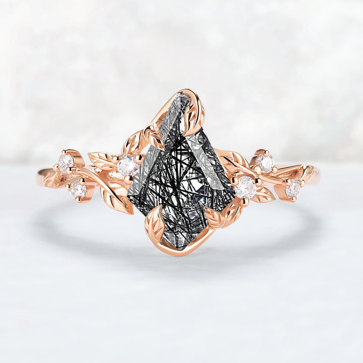 Nature Inspired Leaf Intertwined Design Black Rutilated Quartz Ring