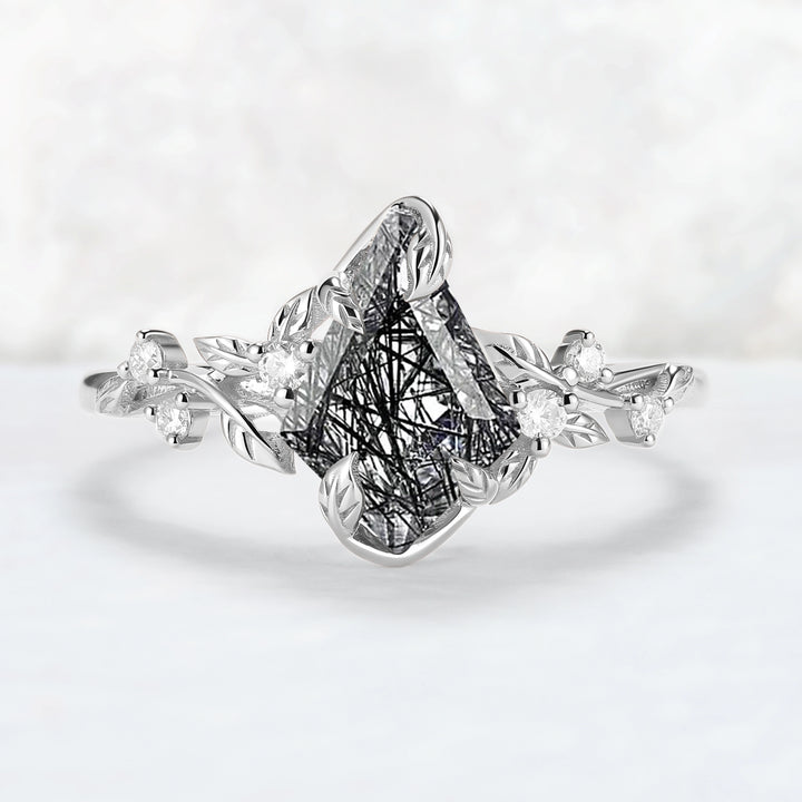 Nature Inspired Leaf Intertwined Design Black Rutilated Quartz Ring