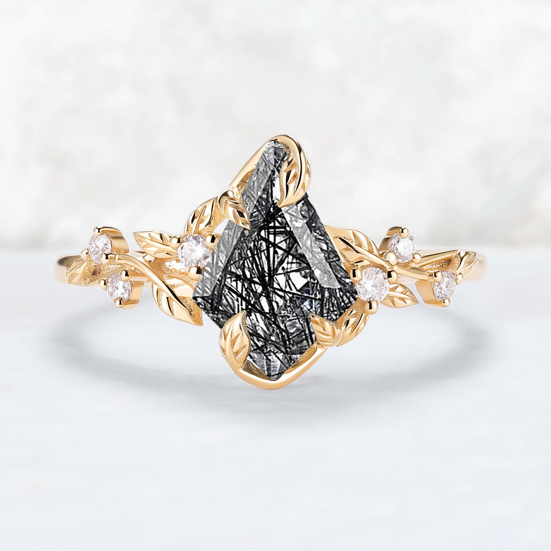 Nature Inspired Leaf Intertwined Design Black Rutilated Quartz Ring
