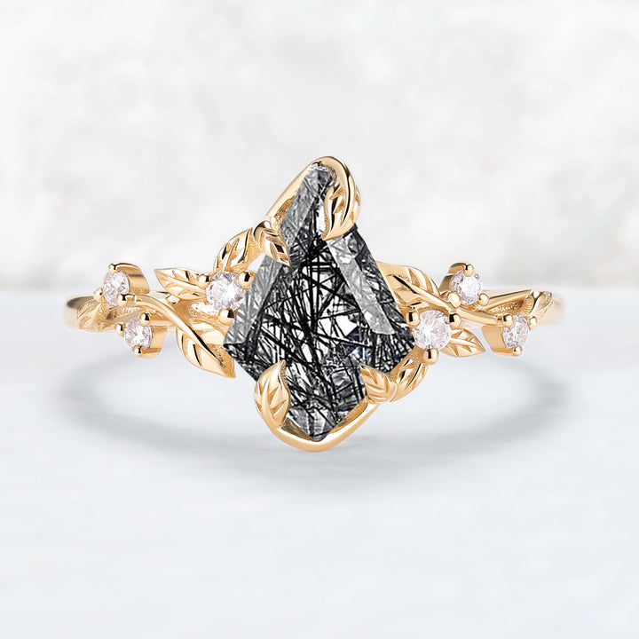 Nature Inspired Leaf Intertwined Design Black Rutilated Quartz Ring