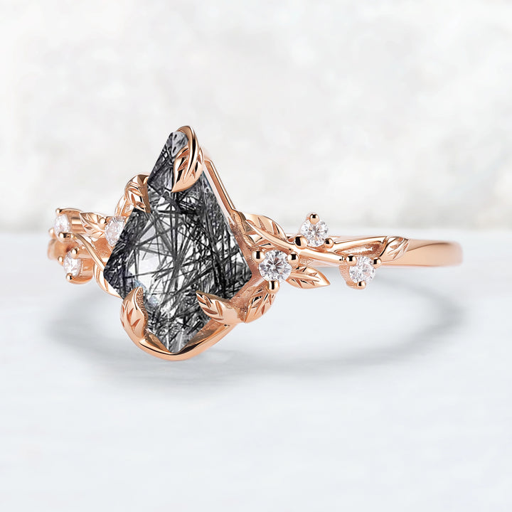 Nature Inspired Leaf Intertwined Design Black Rutilated Quartz Ring